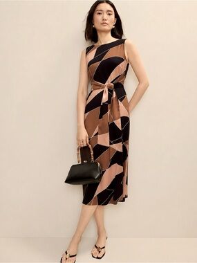 Ann Taylor Geometric-Print Tie-Waist Midi Dress